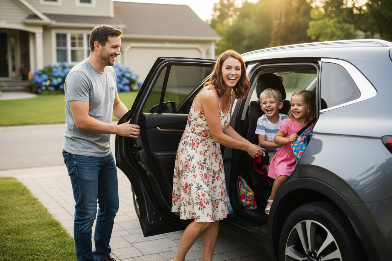 crea un'immmagina di una famiglia che sale in auto